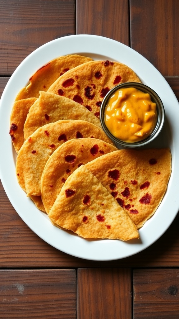 Crispy quinoa dosas served with coconut chutney on a rustic wooden table.